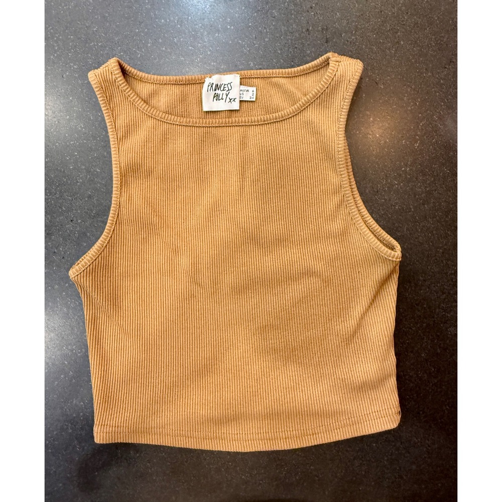 Princess Polly Crop Top Size 2 Tan Ribbed High Neck Sleeveless Bodycon Basics